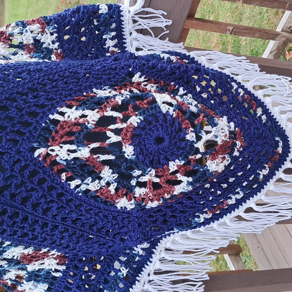 Hand Crafted Crochet Chunky Navy Blue White Burgundy Poncho Essential Boho - Picture 3 of 13